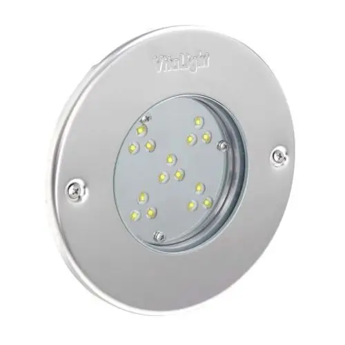 Runder LED-Einbaustrahler mit mehreren kleinen Lichtpunkten, montiert in einem Metallrahmen. Logo von Grünbeck sichtbar auf der Oberfläche.